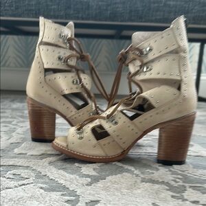 Freebird Cream and Brown Heeled Boots with Intricate Design